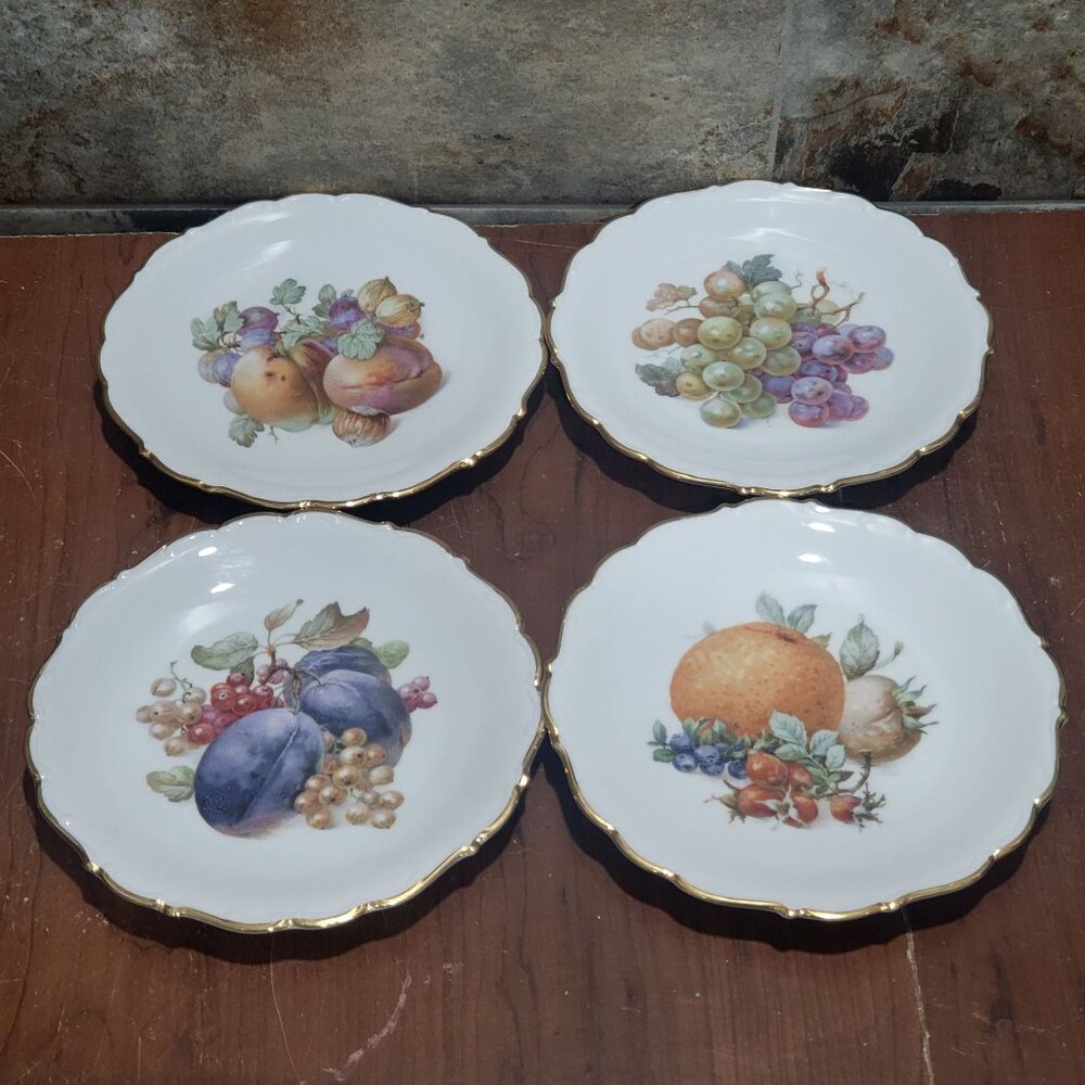 Schumann Arzberg Germany Fruit Nuts Salad Dessert Plate Set of 4 Gold Scalloped